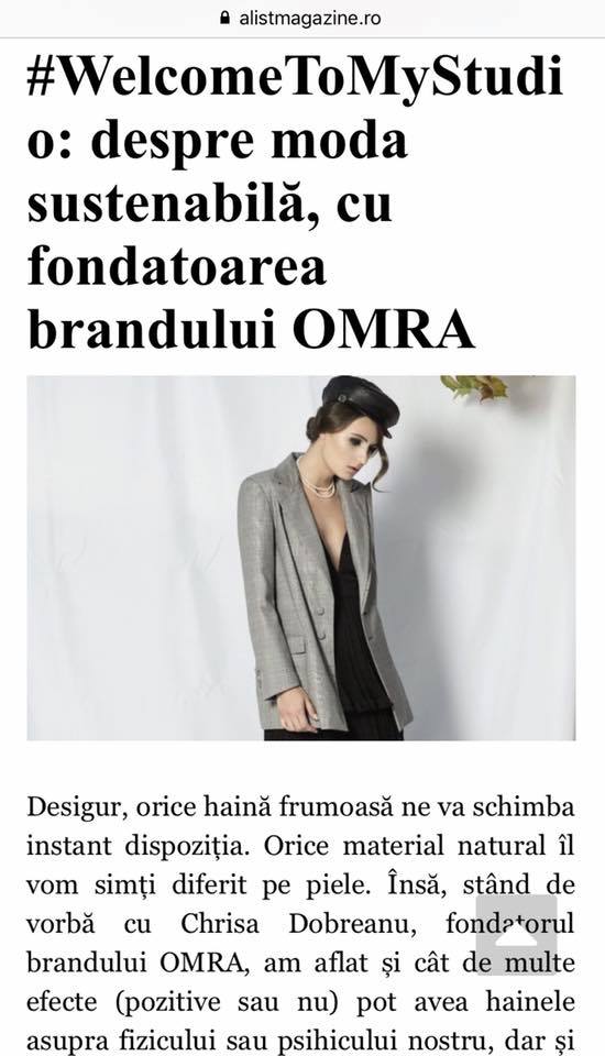 Chrisa Dobreanu, OMRA's creative designer, talking about sustainable fashion with Alist Magazine