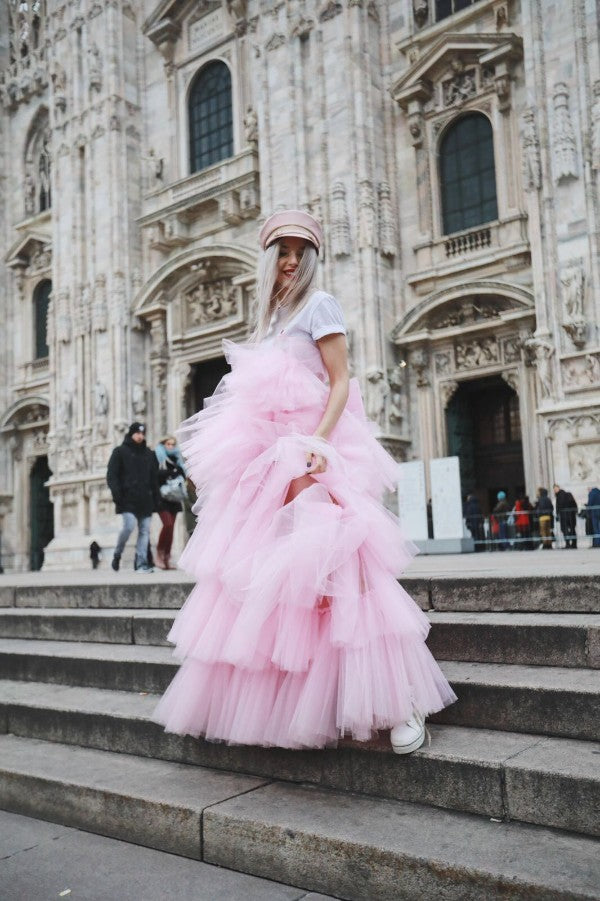 Carmen Grebenisan wearing OMRA candy dress at Milano Fashion Week