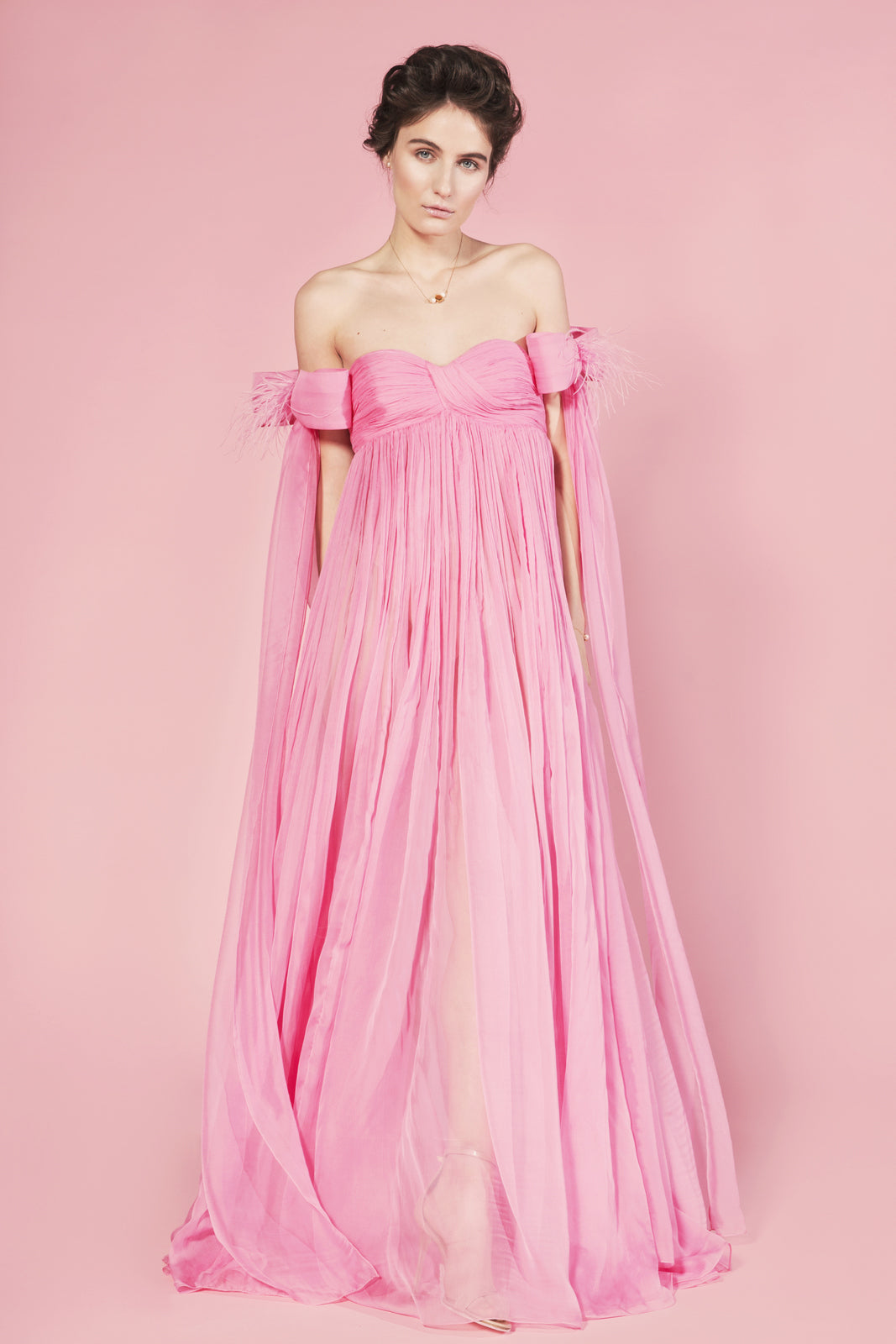 Rochie lungă roz Sofia din voal de mătase naturală fronsată manual
