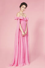 Rochie lungă roz Sofia din voal de mătase naturală fronsată manual