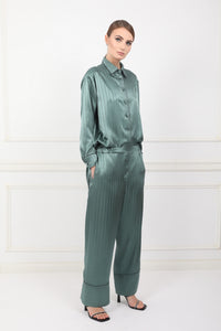 Set stil pijama din cămașă și pantaloni lungi din satin de viscoză smarald