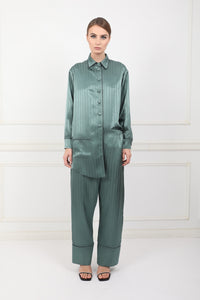Set stil pijama din cămașă și pantaloni lungi din satin de viscoză smarald
