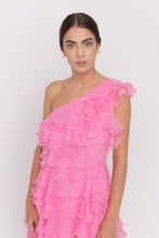 Rochie lungă Peony cu volane din voal de mătase naturală roz