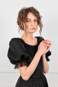 Rochie midi demi-couture Infanta pentru eveniment realizată din satin de matase naturala